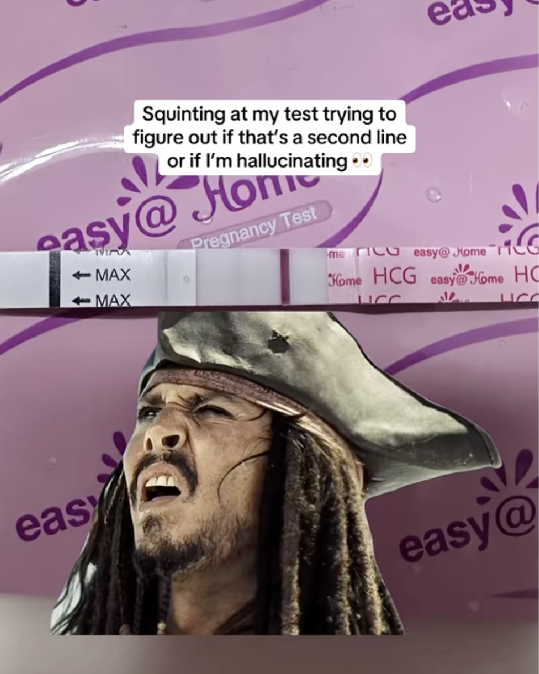 Meme-style social post using a Jack Sparrow reaction image to talk about pregnancy test lines